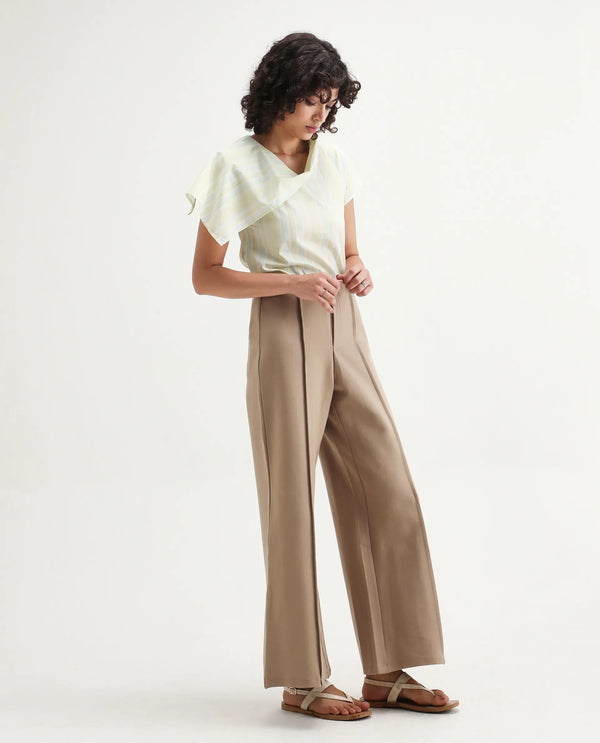 Rareism Women Jancura Beige 67%Rayon 29%Nylon 4%Spandex Fabric Round Neck Bootcut Ankle Length Plain Trouser