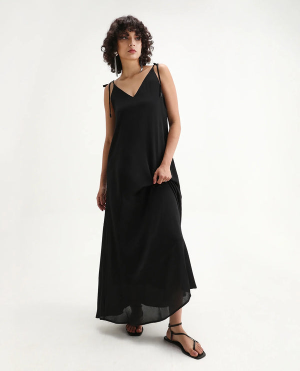 Rareism Women Janfree Black 100% Polyester Fabric Shoulder Straps A-Line Maxi Plain Dress