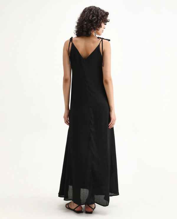Rareism Women Janfree Black 100% Polyester Fabric Shoulder Straps A-Line Maxi Plain Dress