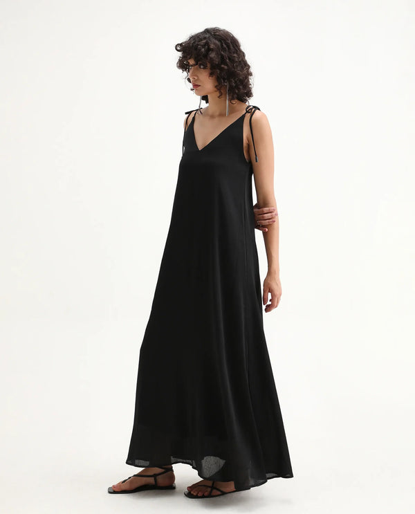 Rareism Women Janfree Black 100% Polyester Fabric Shoulder Straps A-Line Maxi Plain Dress