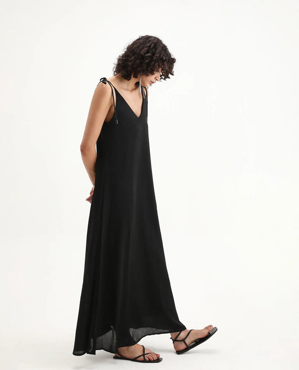 Rareism Women Janfree Black 100% Polyester Fabric Shoulder Straps A-Line Maxi Plain Dress