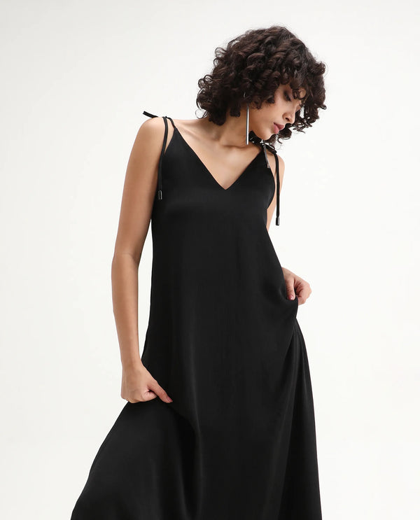 Rareism Women Janfree Black 100% Polyester Fabric Shoulder Straps A-Line Maxi Plain Dress