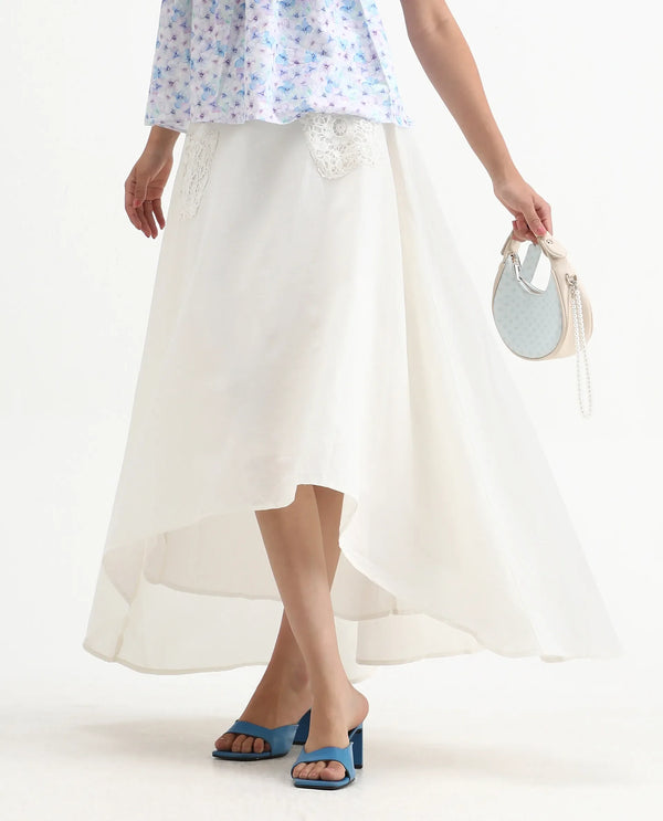 Rareism Women Janlom-B Off White 75%Cotton 25% Linen Fabric A-Line Fit Ankle Length Plain Skirt