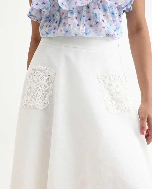 Rareism Women Janlom-B Off White 75%Cotton 25% Linen Fabric A-Line Fit Ankle Length Plain Skirt