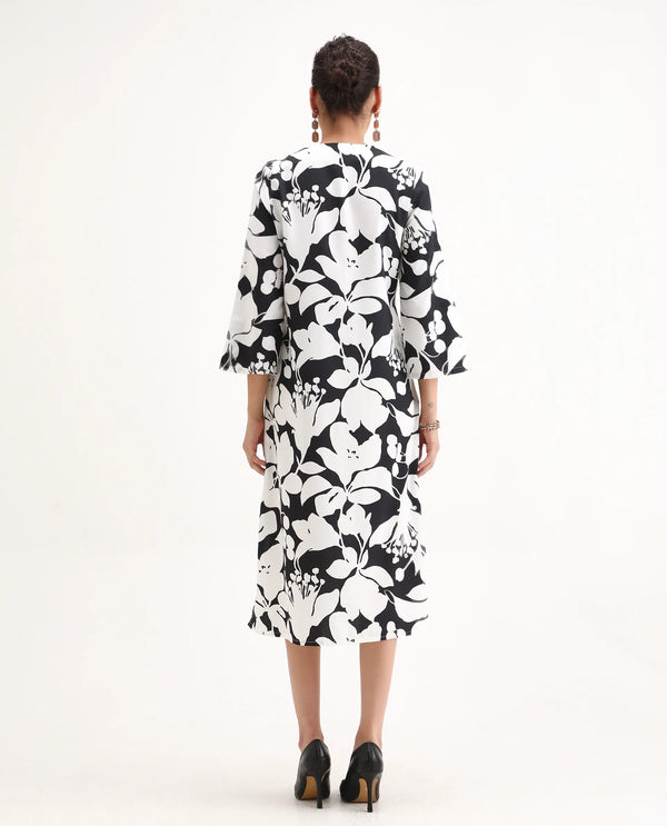 Rareism Women Janzen Black 100% Viscose Fabric Bell Sleeves Straight Fit Midi Floral Print Dress