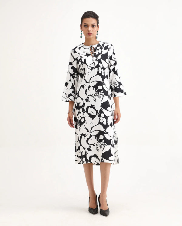 Rareism Women Janzen Black 100% Viscose Fabric Bell Sleeves Straight Fit Midi Floral Print Dress