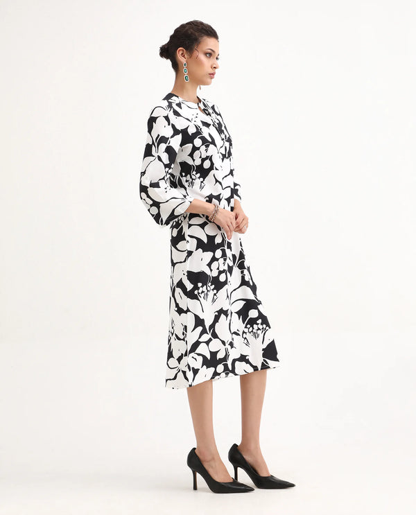 Rareism Women Janzen Black 100% Viscose Fabric Bell Sleeves Straight Fit Midi Floral Print Dress