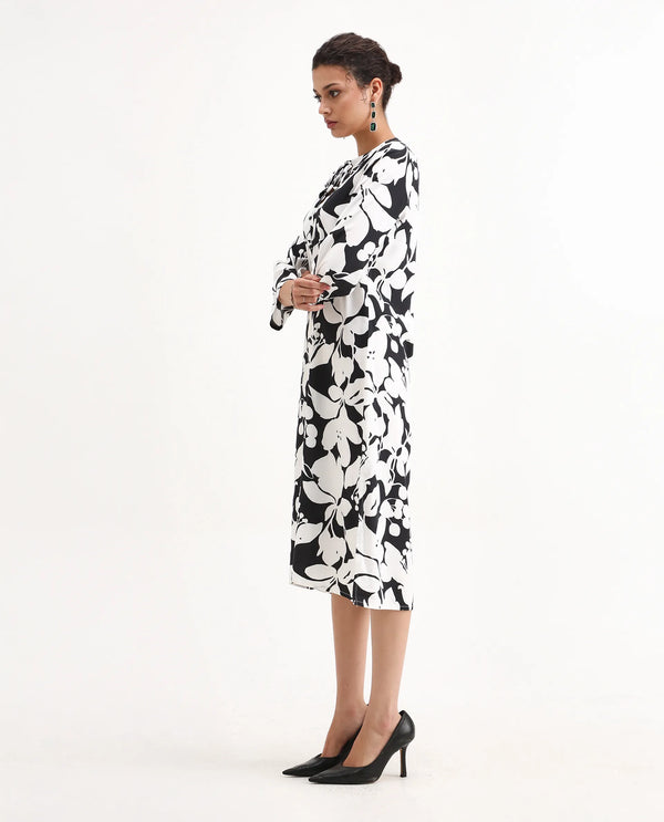 Rareism Women Janzen Black 100% Viscose Fabric Bell Sleeves Straight Fit Midi Floral Print Dress