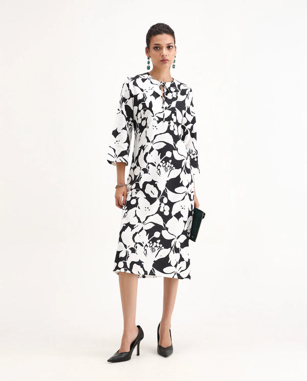 Rareism Women Janzen Black 100% Viscose Fabric Bell Sleeves Straight Fit Midi Floral Print Dress