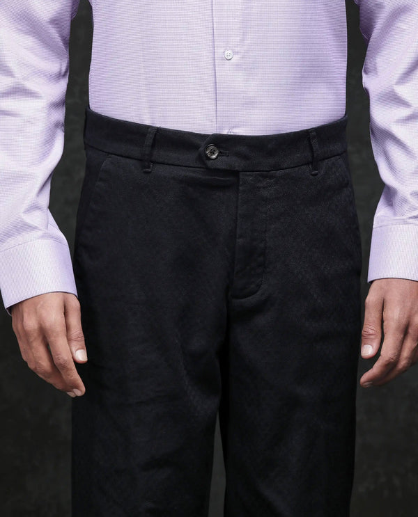 Rare Rabbit Men Jes Black Cotton Lycra Fabric Regular Fit Jacquard Trouser