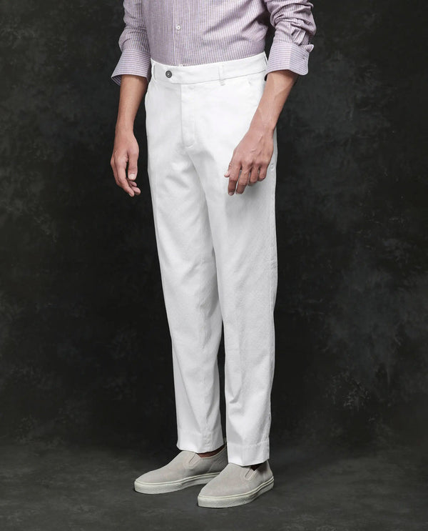 Rare Rabbit Men Jes Off White Cotton Lycra Fabric Regular Fit Jacquard Trouser