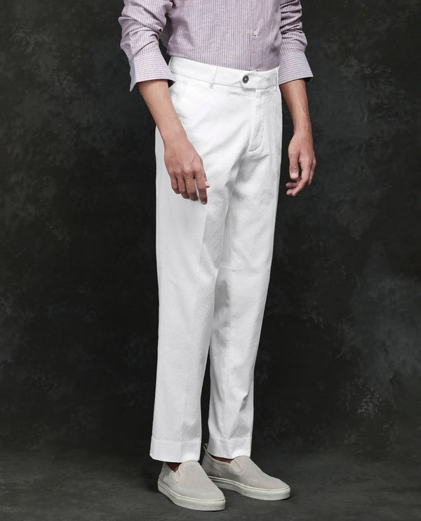 Rare Rabbit Men Jes Off White Cotton Lycra Fabric Regular Fit Jacquard Trouser
