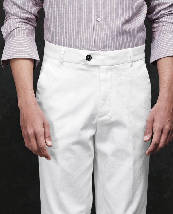Rare Rabbit Men Jes Off White Cotton Lycra Fabric Regular Fit Jacquard Trouser