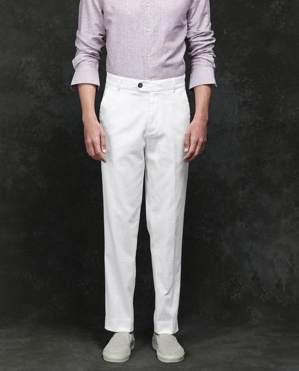 Rare Rabbit Men Jes Off White Cotton Lycra Fabric Regular Fit Jacquard Trouser