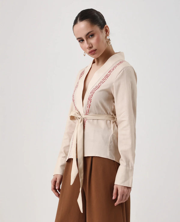 Rareism Women Juinb Beige Cuffed Sleeve Shawl Neck Regular Fit Typography Print Top