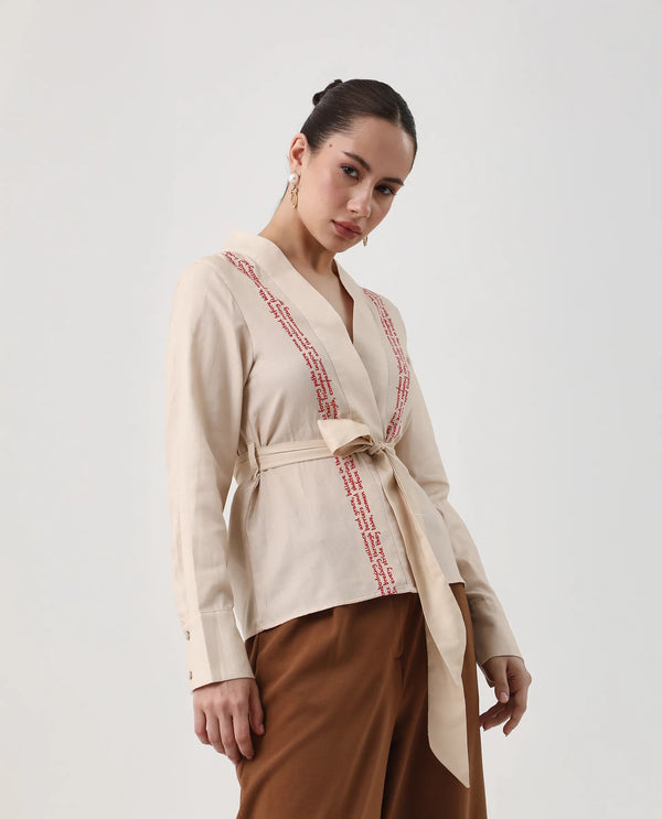 Rareism Women Juinb Beige Cuffed Sleeve Shawl Neck Regular Fit Typography Print Top
