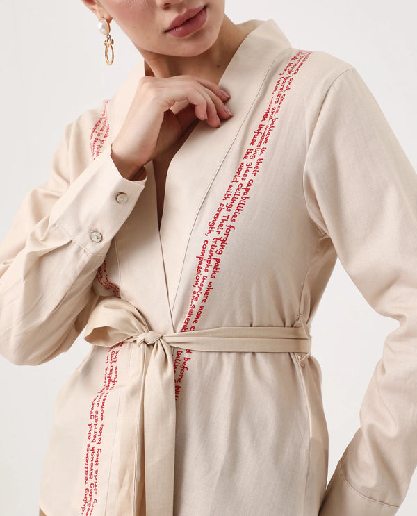Rareism Women Juinb Beige Cuffed Sleeve Shawl Neck Regular Fit Typography Print Top