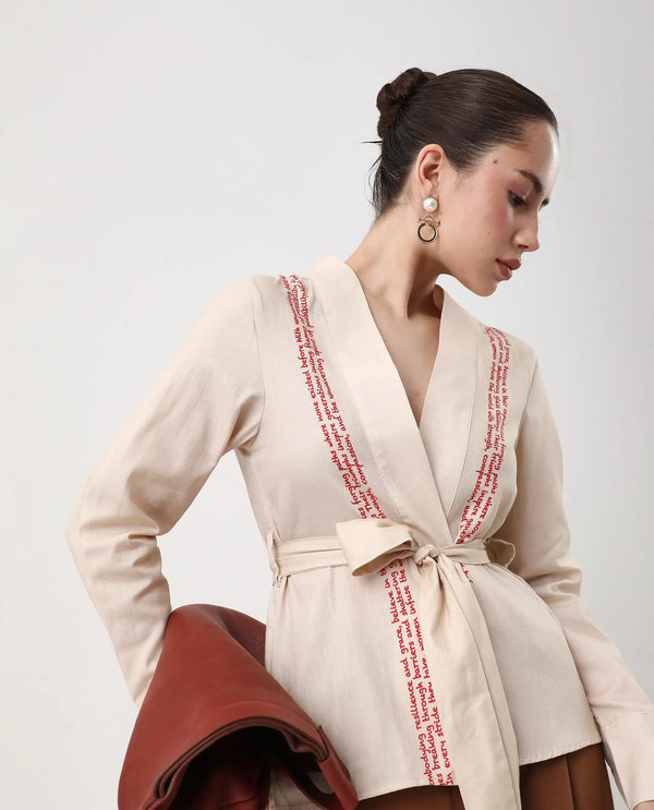 Rareism Women Juinb Beige Cuffed Sleeve Shawl Neck Regular Fit Typography Print Top