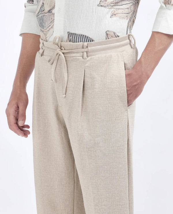 Rare Rabbit Men's Keloe Beige Cotton Polyester Fabric Drawstring Closure Baggy Fit Plain Trouser