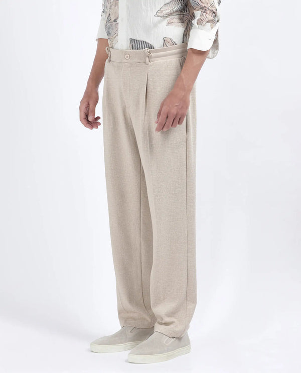 Rare Rabbit Men's Keloe Beige Cotton Polyester Fabric Drawstring Closure Baggy Fit Plain Trouser