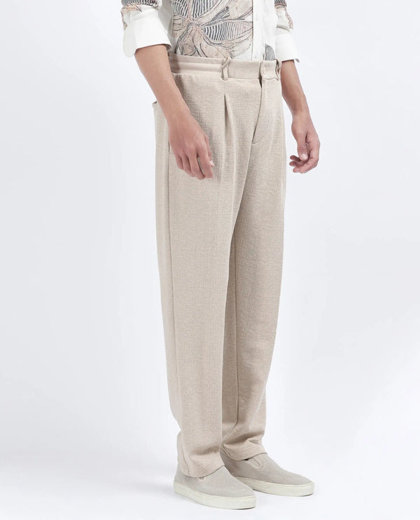 Rare Rabbit Men's Keloe Beige Cotton Polyester Fabric Drawstring Closure Baggy Fit Plain Trouser