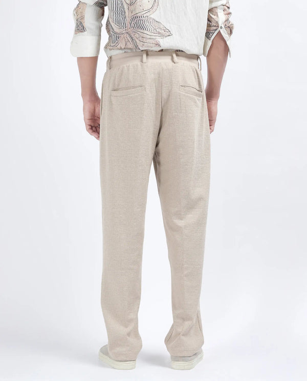 Rare Rabbit Men's Keloe Beige Cotton Polyester Fabric Drawstring Closure Baggy Fit Plain Trouser