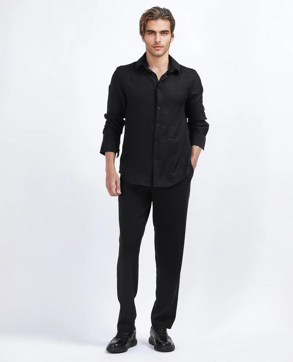 Rare Rabbit Men's Keloe Black Cotton Polyester Fabric Drawstring Closure Baggy Fit Plain Trouser
