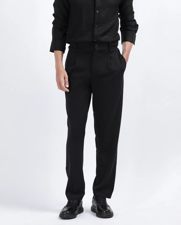 Rare Rabbit Men's Keloe Black Cotton Polyester Fabric Drawstring Closure Baggy Fit Plain Trouser
