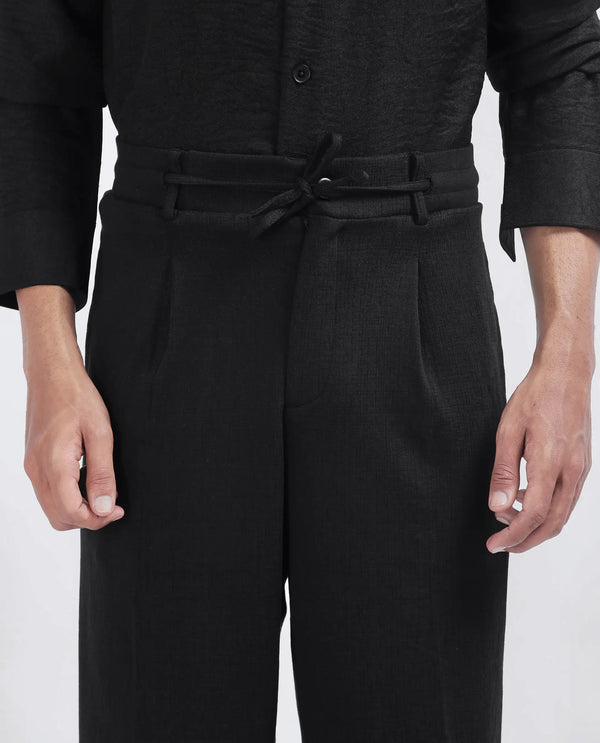 Rare Rabbit Men's Keloe Black Cotton Polyester Fabric Drawstring Closure Baggy Fit Plain Trouser