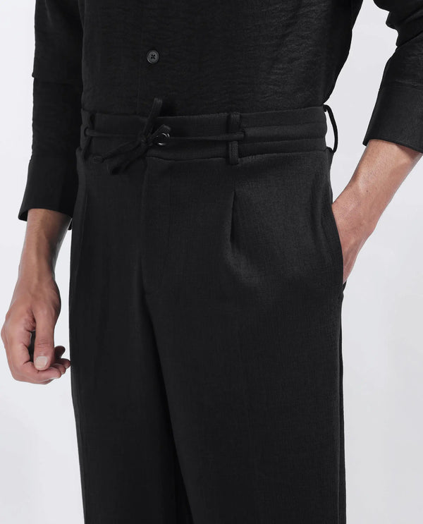 Rare Rabbit Men's Keloe Black Cotton Polyester Fabric Drawstring Closure Baggy Fit Plain Trouser