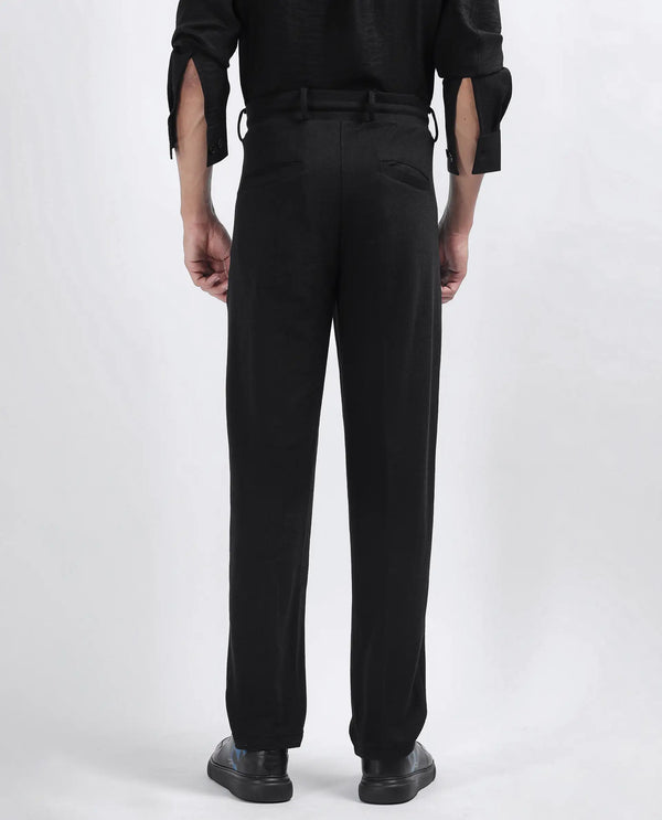 Rare Rabbit Men's Keloe Black Cotton Polyester Fabric Drawstring Closure Baggy Fit Plain Trouser