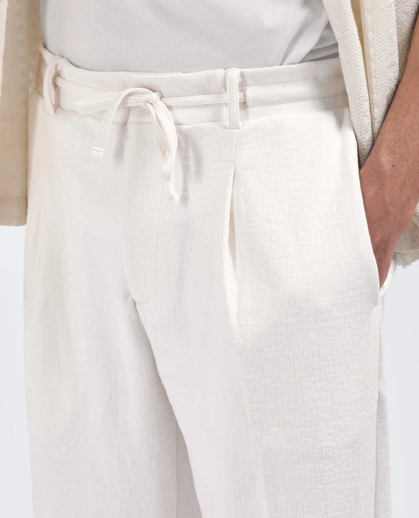 Rare Rabbit Men's Keloe Off White Cotton Polyester Fabric Drawstring Closure Baggy Fit Plain Trouser