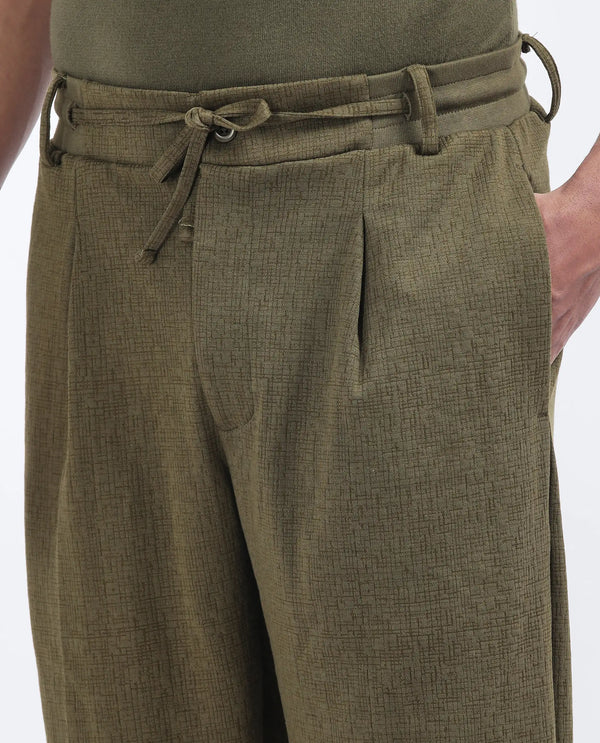 Rare Rabbit Men's Keloe Olive Cotton Polyester Fabric Drawstring Closure Baggy Fit Plain Trouser