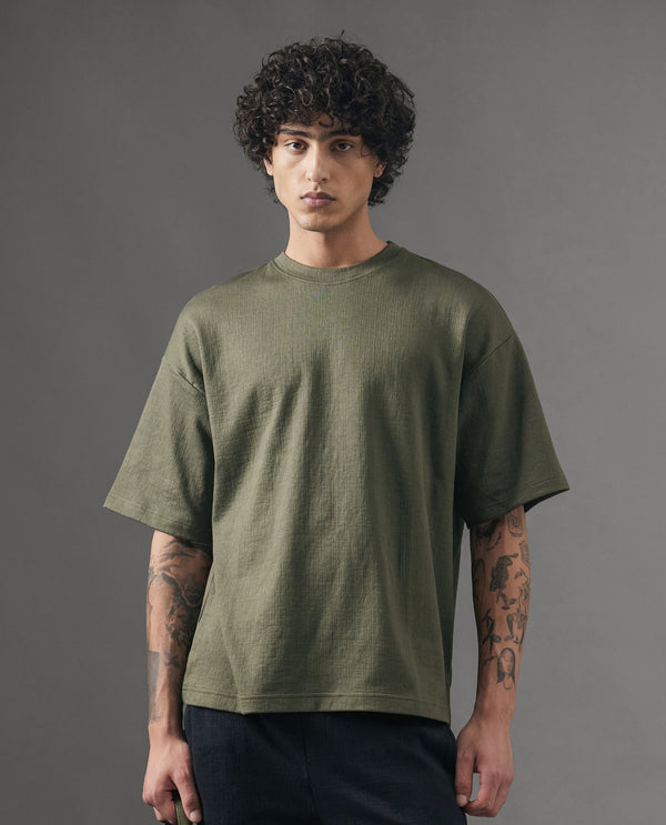 Rare Rabbit Men Kelos Olive Cotton Poly Fabric Short Sleeve Crew Neck Oversized Fit Cut and Sew T-Shirt
