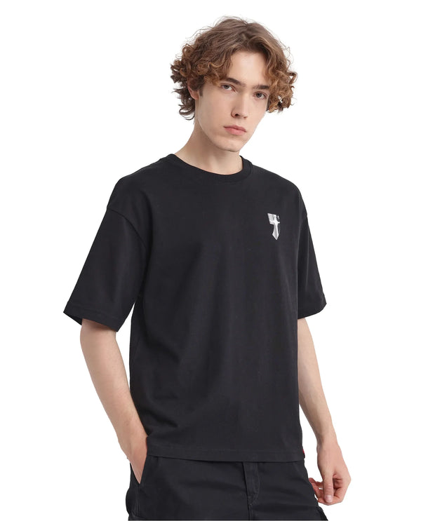 Rare Rabbit Men Keltz Black Cotton Fabric Short Sleeve Crew Neck Oversized Fit Printed T-Shirt