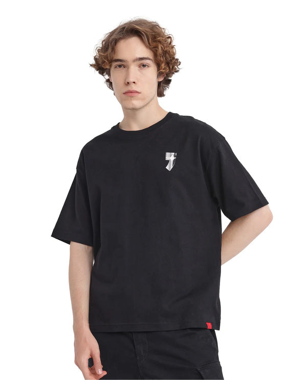 Rare Rabbit Men Keltz Black Cotton Fabric Short Sleeve Crew Neck Oversized Fit Printed T-Shirt