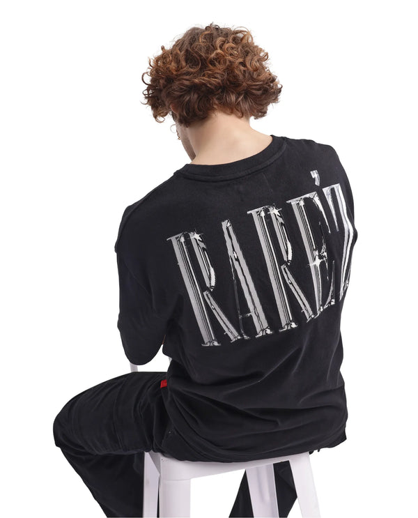 Rare Rabbit Men Keltz Black Cotton Fabric Short Sleeve Crew Neck Oversized Fit Printed T-Shirt