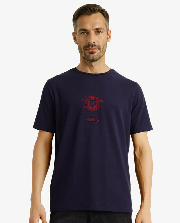 Rare Rabbit Men Ker Navy Cotton Lycra Fabric Short Sleeve Crew Neck Regular Fit Graphic Flock Print T-Shirt