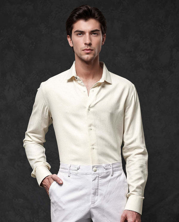 Rare Rabbit Mens Kinate Pastel Yellow Full Sleeve Solid Houndstooth Check Shirt
