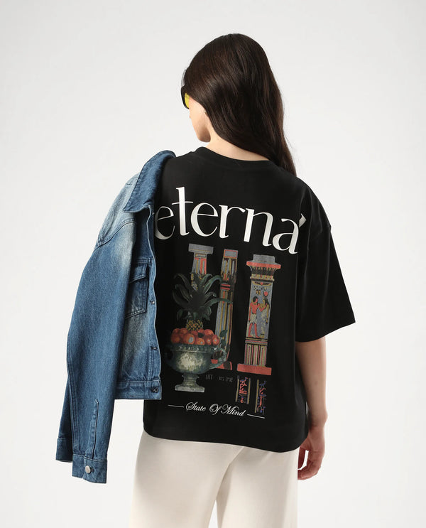 Rareism Women Klend Black Pull On Closure Cotton Oversized Regular Graphic Print T-Shirt