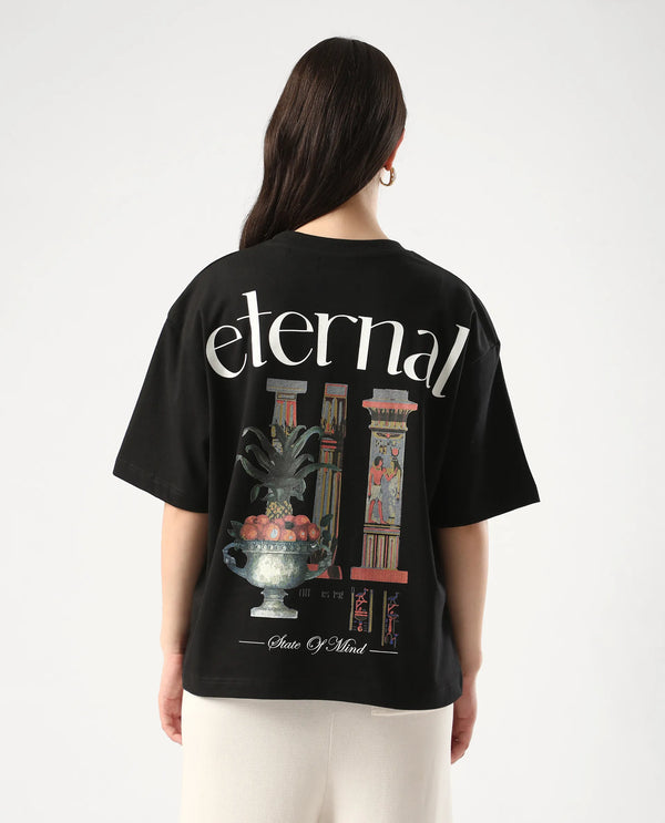 Rareism Women Klend Black Pull On Closure Cotton Oversized Regular Graphic Print T-Shirt