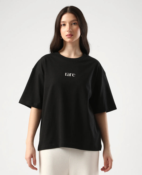 Rareism Women Klend Black Pull On Closure Cotton Oversized Regular Graphic Print T-Shirt