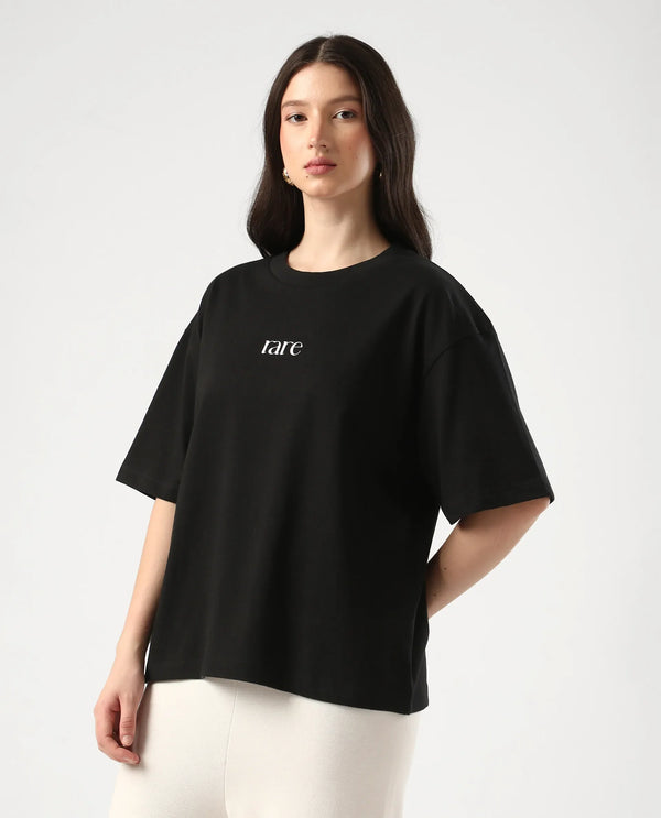 Rareism Women Klend Black Pull On Closure Cotton Oversized Regular Graphic Print T-Shirt