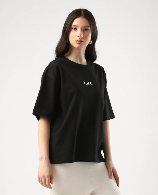 Rareism Women Klend Black Pull On Closure Cotton Oversized Regular Graphic Print T-Shirt