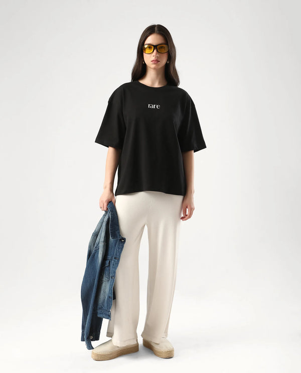 Rareism Women Klend Black Pull On Closure Cotton Oversized Regular Graphic Print T-Shirt