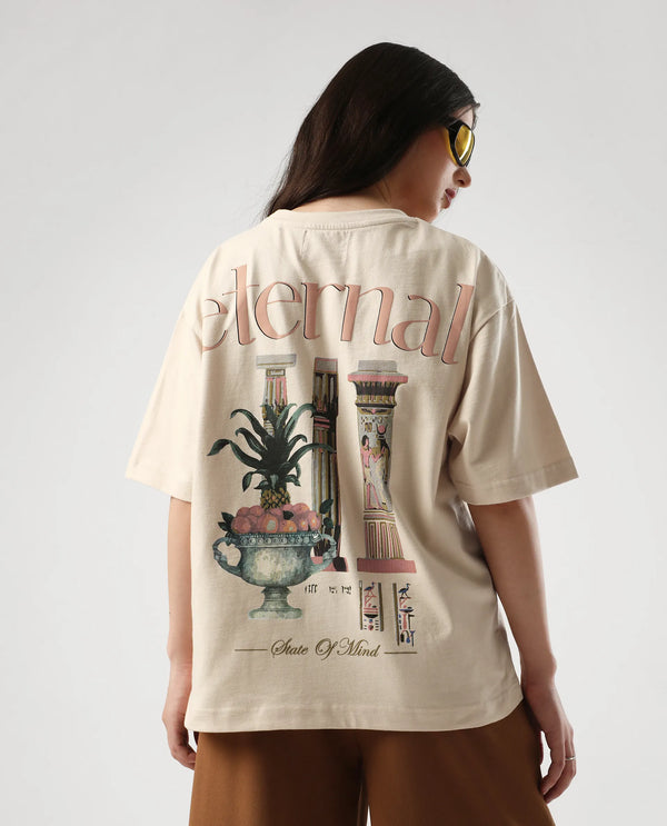 Rareism Women Klend Off White Pull On Closure Cotton Fabric Oversized Regular Graphic Print T-Shirt
