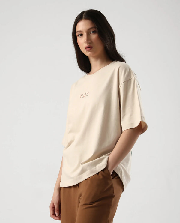 Rareism Women Klend Off White Pull On Closure Cotton Fabric Oversized Regular Graphic Print T-Shirt