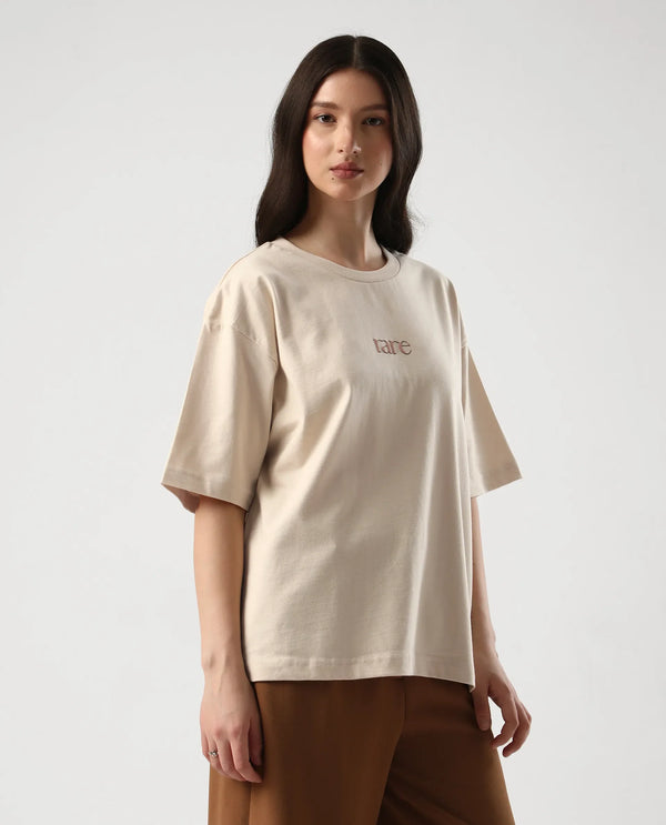 Rareism Women Klend Off White Pull On Closure Cotton Fabric Oversized Regular Graphic Print T-Shirt
