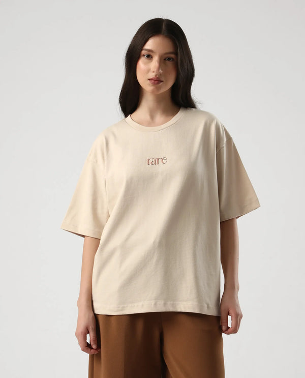 Rareism Women Klend Off White Pull On Closure Cotton Fabric Oversized Regular Graphic Print T-Shirt