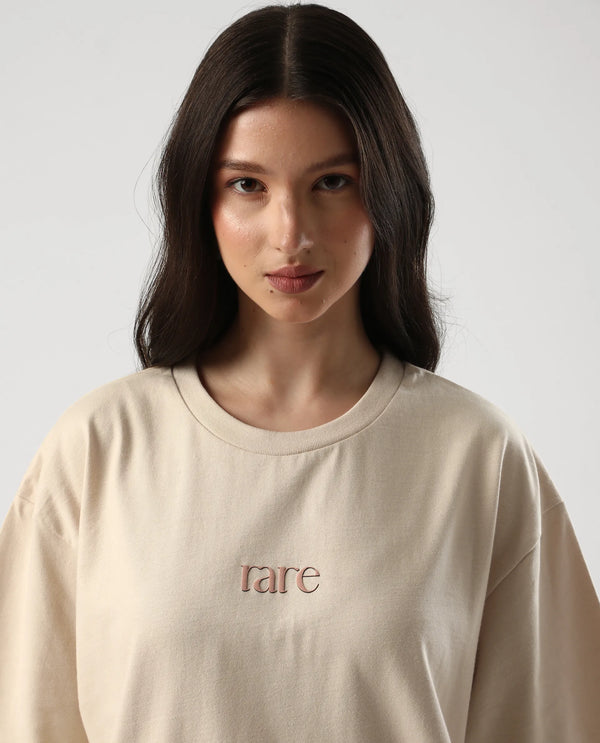 Rareism Women Klend Off White Pull On Closure Cotton Fabric Oversized Regular Graphic Print T-Shirt